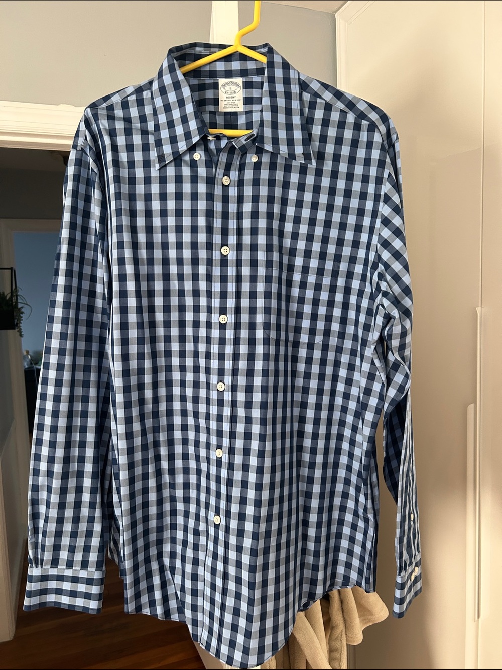 Brooks Brothers Navy and Light Blue Gingham Button-Down Dress Shirt